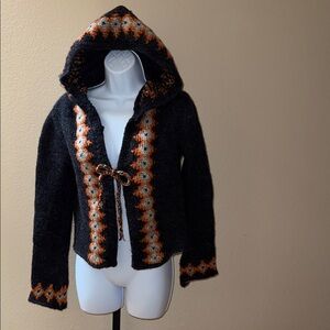 BDG Charcoal Orange Geo Pattern Wool Blend Knit Hoodie Cardigan Women’s Size L